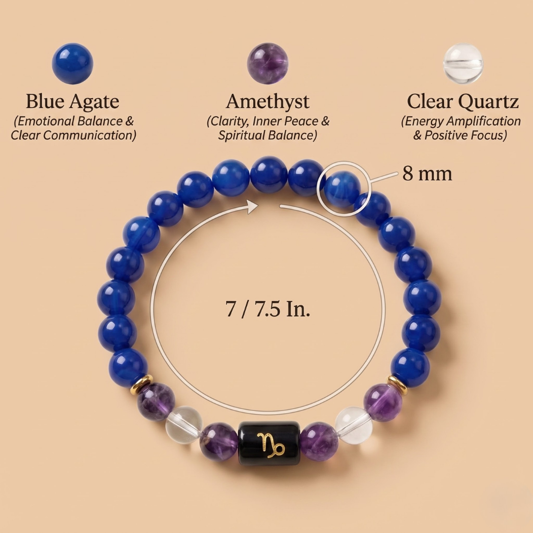 Capricorn (मकर राशि) Zodiac Blue Agate, Amethyst & Clear Quartz Bracelet