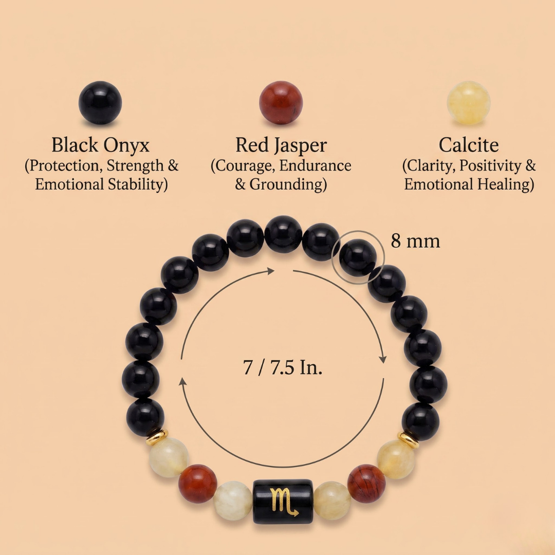 Scorpio (वृश्चिक राशि) Zodiac Black Onyx, Red Jasper & Calcite Bracelet