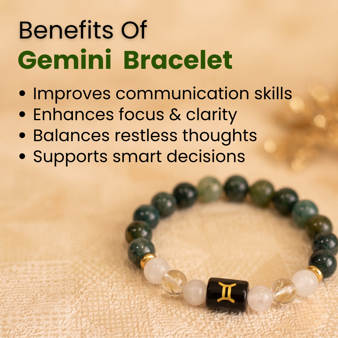 Gemini (मिथुन राशि) Zodiac Green Moss, Milky Quartz & Clear Quartz Bracelet