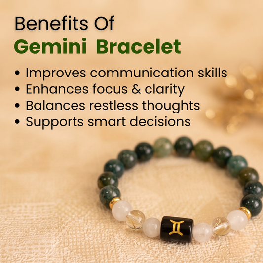 Gemini (मिथुन राशि) Zodiac Green Moss, Milky Quartz & Clear Quartz Bracelet