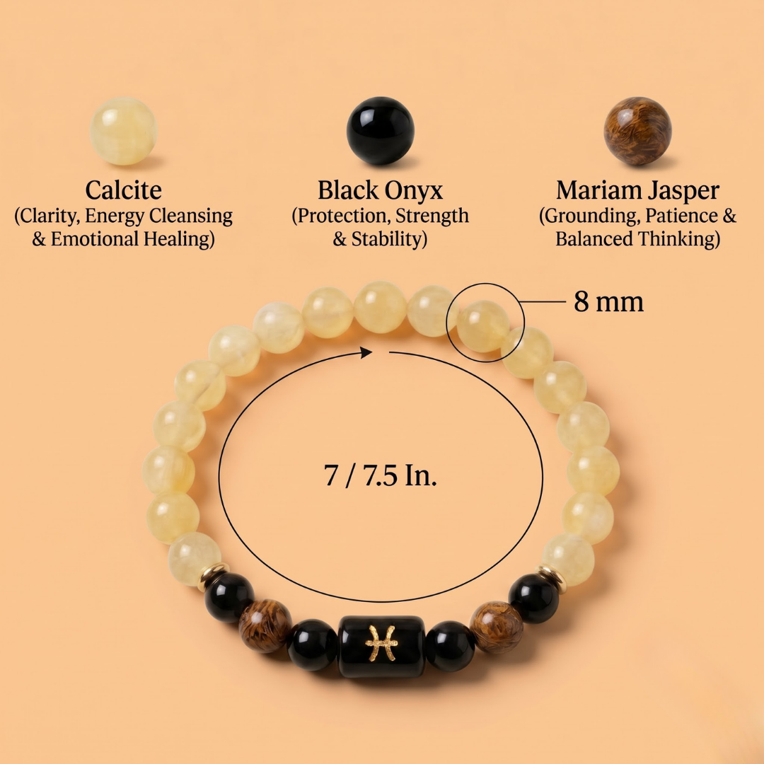 Pisces (मीन राशि) Zodiac Calcite, Black Onyx & Mariam Jasper Bracelet