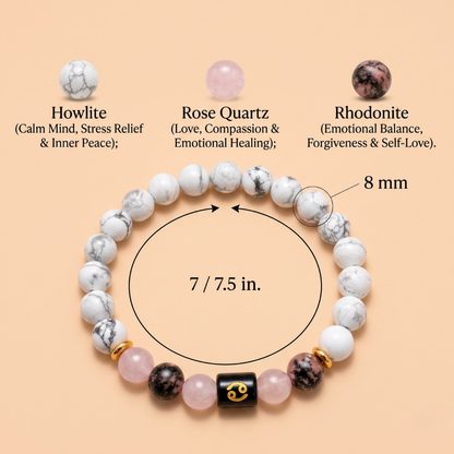 Cancer (कर्क राशि) Zodiac Howlite, Rose Quartz & Rhodonite Bracelet