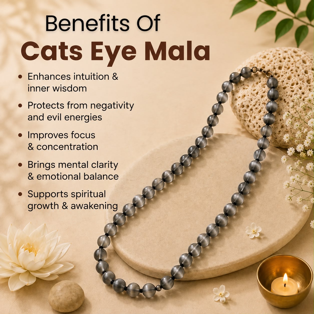 Cats Eye Mala – Protection, Confidence & Spiritual Clarity