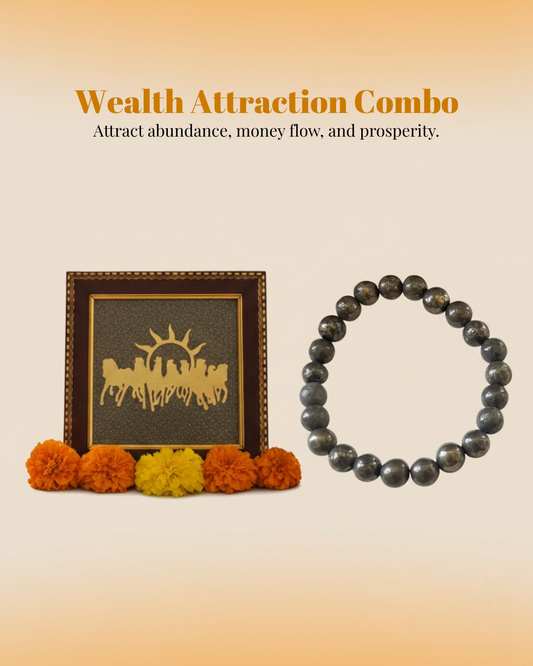 Wealth Attraction Combo – (7 Horses Raw Pyrite Frame & Pyrite Bracelet)