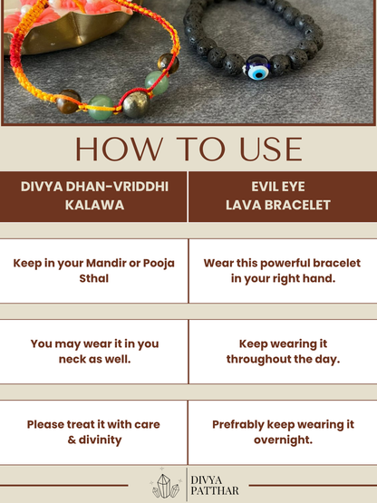 DIVYA BHAIDOOJ DHAN-RAKSHA COMBO ( Divya Dhan-Vriddhi Kalawa + Evil Eye Lava Bracelet )