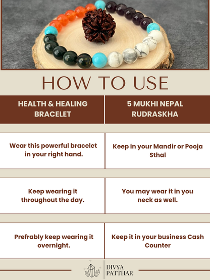DIVYA DHANWANTRI – HEALTH COMBO ( Health & Healing Bracelet + Energised 5 Mukhi Rudraksha )