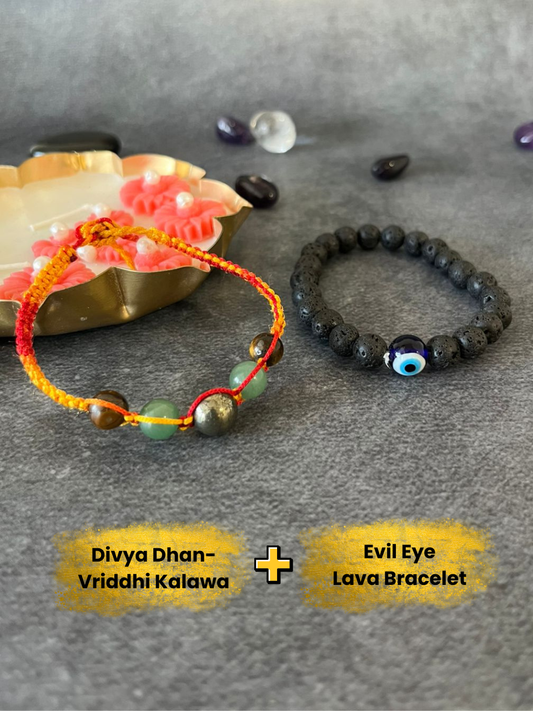 DIVYA BHAIDOOJ DHAN-RAKSHA COMBO ( Divya Dhan-Vriddhi Kalawa + Evil Eye Lava Bracelet )